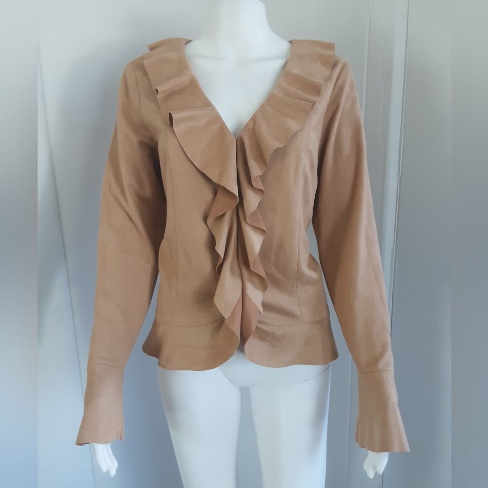 OSCAR De La RENTA Tan Faux Suede Ruffle Blouse Sz 12 - Vtg